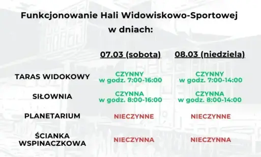 Zdjęcie do Funkcjonowanie Hali Widowiskowo-Sportowej w dniach 7-8.03.2026 r.