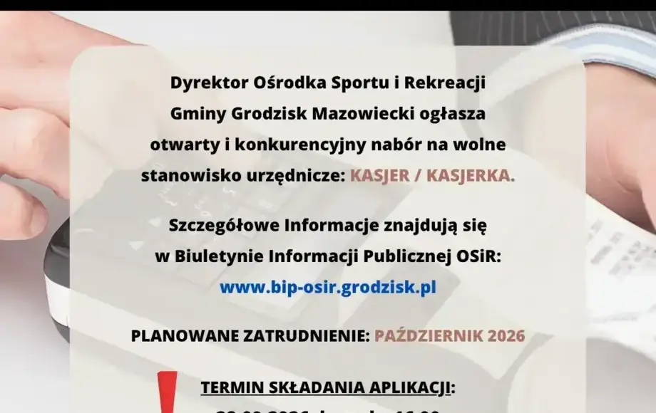 Nabór na wolne stanowisko urzędnicze: kasjer / kasjerka – ilustracja