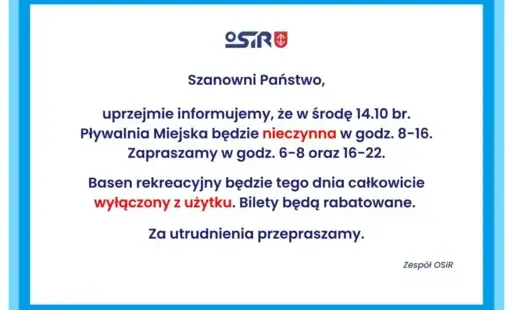 Informacja o funkcjonowaniu pływalni
