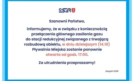 Zdjęcie do W dniu dzisiejszym (14.10) Pływalnia Miejska zostanie ponownie otwarta od godz. 17:00